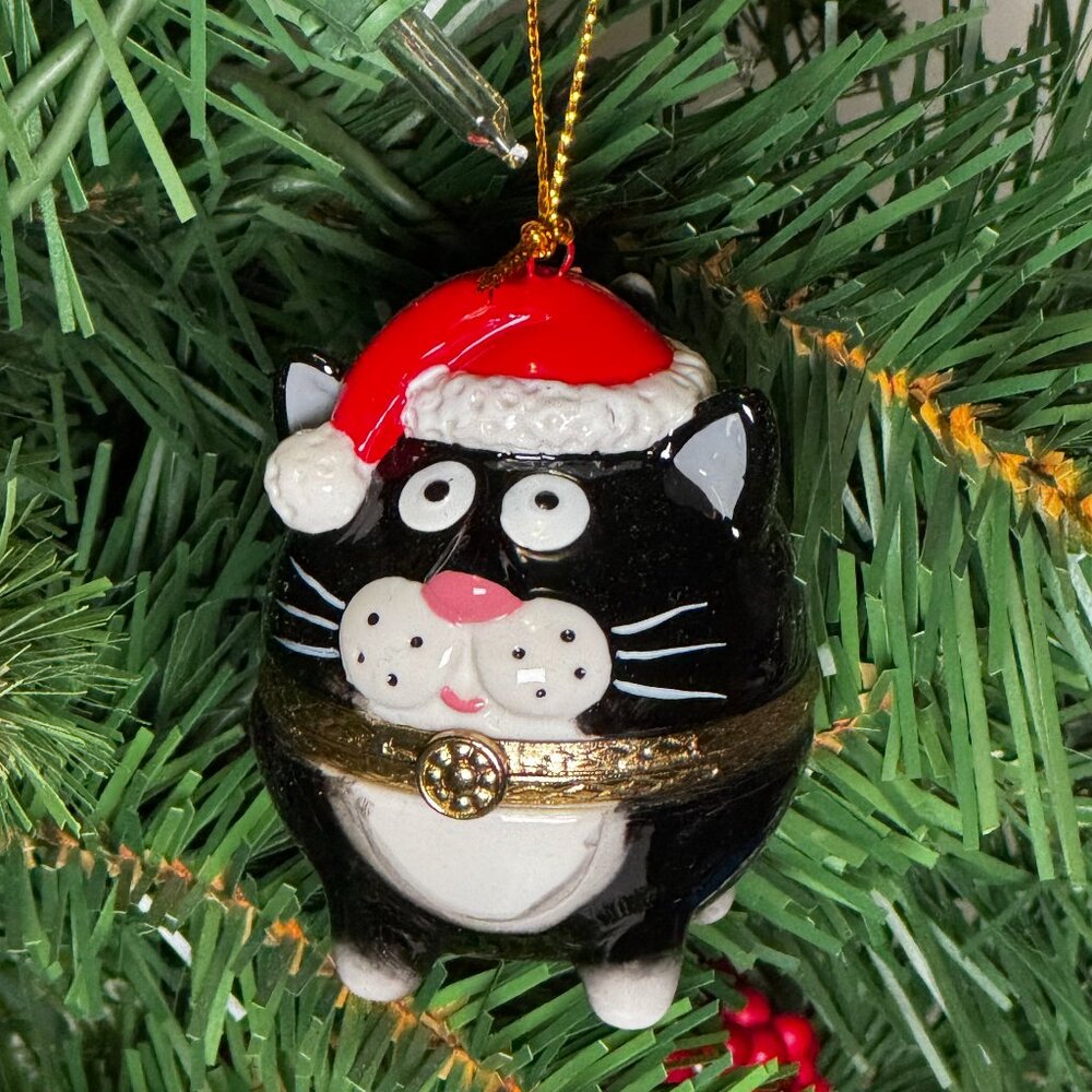 Fat Black Cat Porcelain Hinged Surprise Gift Trinket Box Christmas Ornament